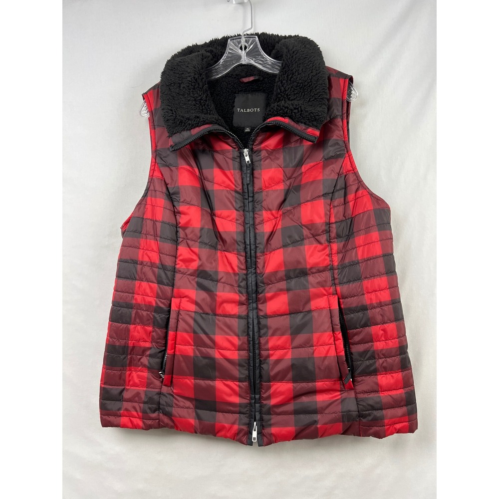 Talbots Puffer Vest Women XL Red Buffalo Plaid Sherpa Lined Quilted Zip Front